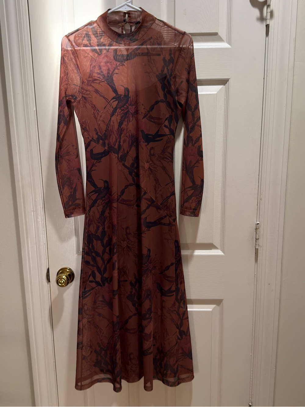 All Saints Long-Sleeve Floral Mesh Midi Dress - Rust